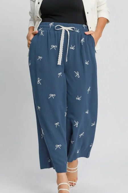 Umgee Full Size Lace Drawstring Embroidered Bow Wide Leg Pants Plus Size - Sleekdenim.com