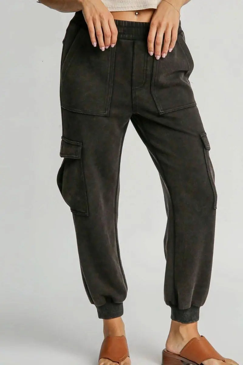 Umgee Full Size Mineral Washed Elastic Waist Cargo Pants Plus Size - Sleekdenim.com