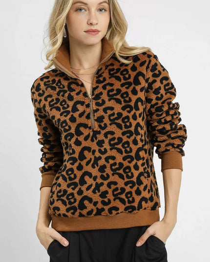 Umgee Leopard Print Quarter-Zip Sweatshirt - Sleekdenim.com
