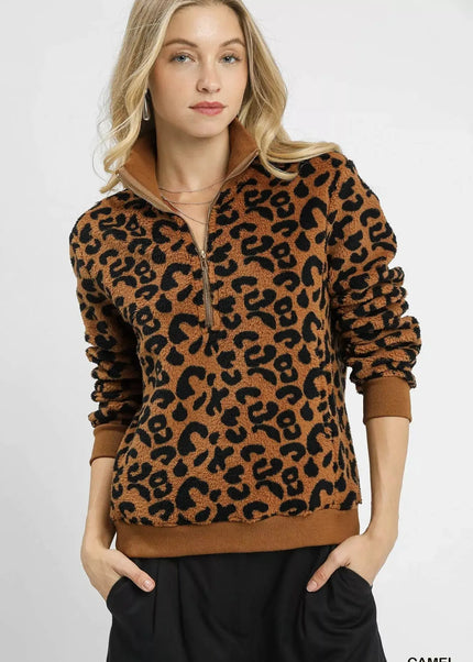 Umgee Leopard Print Quarter-Zip Sweatshirt - Sleekdenim.com