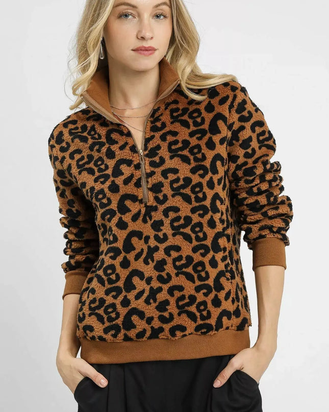 Umgee Leopard Print Quarter-Zip Sweatshirt - Sleekdenim.com