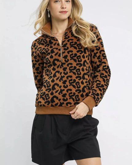 Umgee Leopard Print Quarter-Zip Sweatshirt - Sleekdenim.com