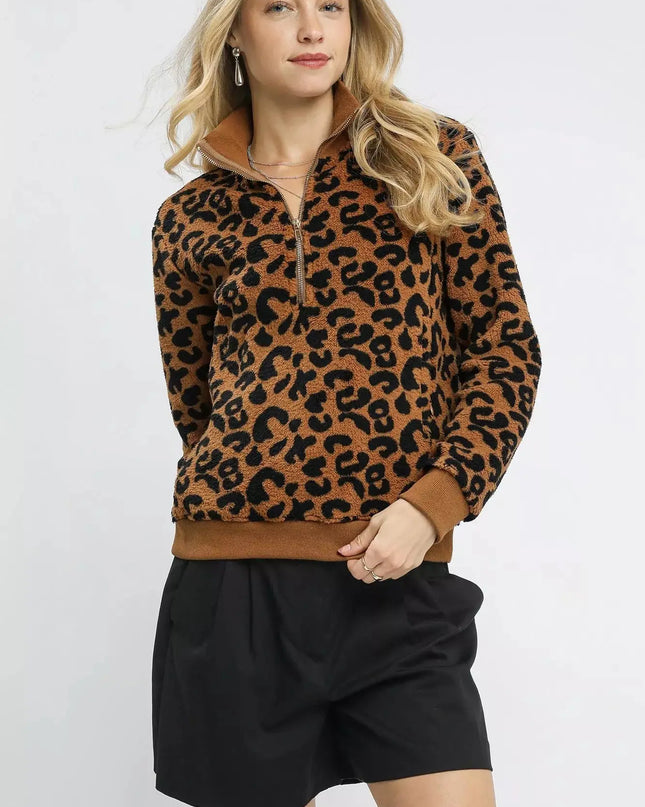 Umgee Leopard Print Quarter-Zip Sweatshirt - Sleekdenim.com