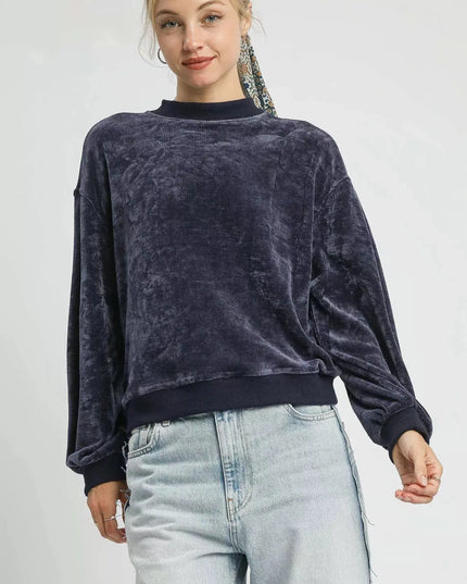 Umgee Velour Crewneck Balloon Sleeve Sweatshirt - Sleekdenim.com