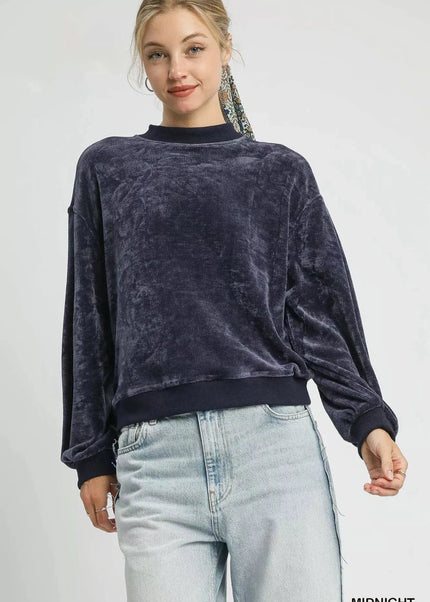 Umgee Velour Crewneck Balloon Sleeve Sweatshirt - Sleekdenim.com
