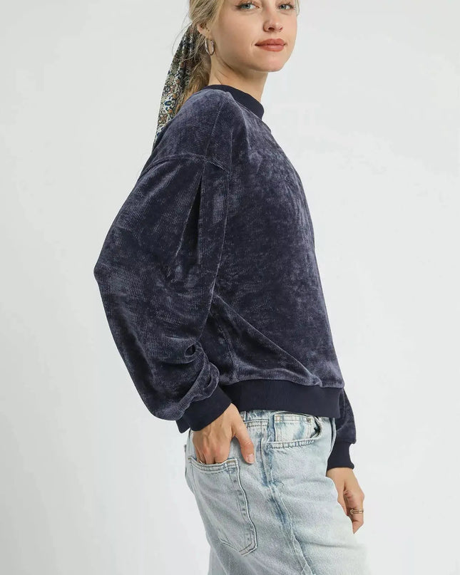 Umgee Velour Crewneck Balloon Sleeve Sweatshirt - Sleekdenim.com