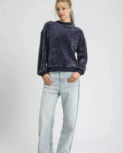 Umgee Velour Crewneck Balloon Sleeve Sweatshirt - Sleekdenim.com