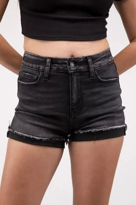 Washed Black Cuffed Raw Hem Denim Shorts - Sleekdenim.com