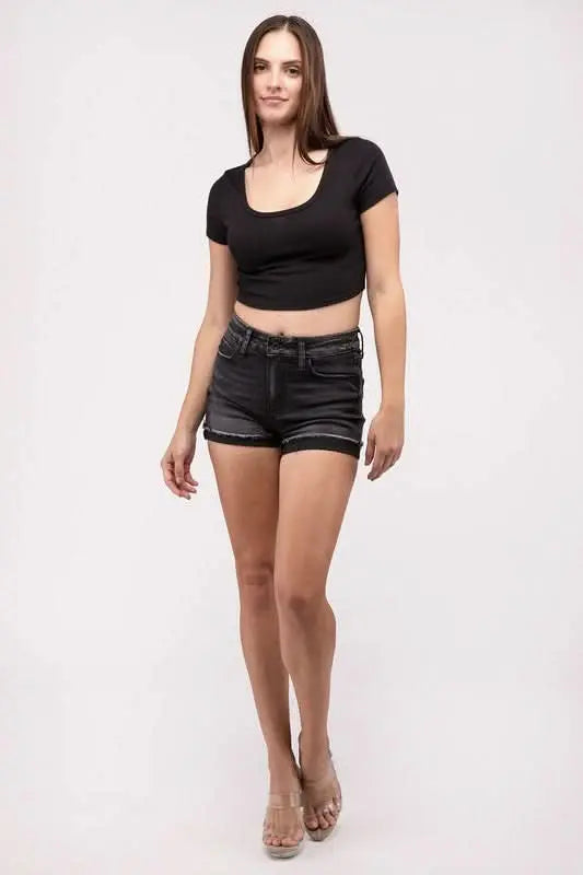 Washed Black Cuffed Raw Hem Denim Shorts - Sleekdenim.com