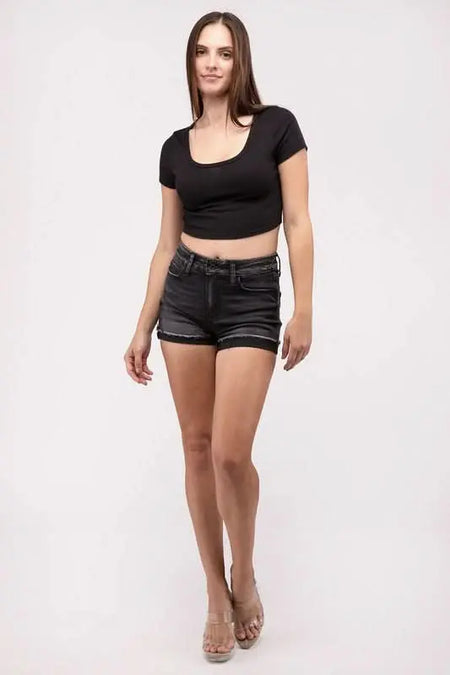 Washed Black Cuffed Raw Hem Denim Shorts - Sleekdenim.com