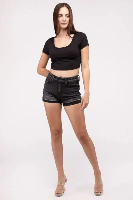 Washed Black Cuffed Raw Hem Denim Shorts - Sleekdenim.com