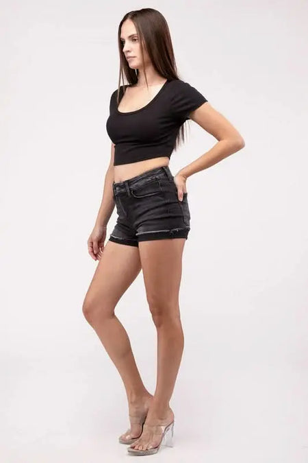 Washed Black Cuffed Raw Hem Denim Shorts - Sleekdenim.com