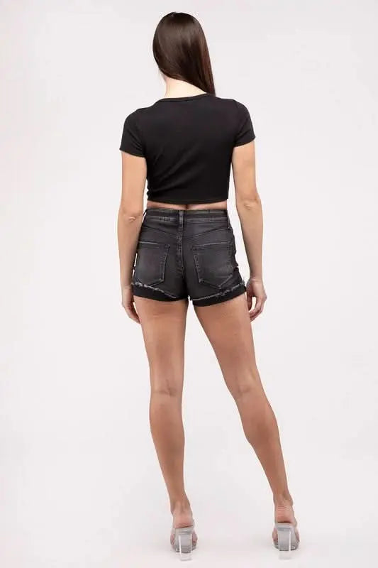 Washed Black Cuffed Raw Hem Denim Shorts - Sleekdenim.com