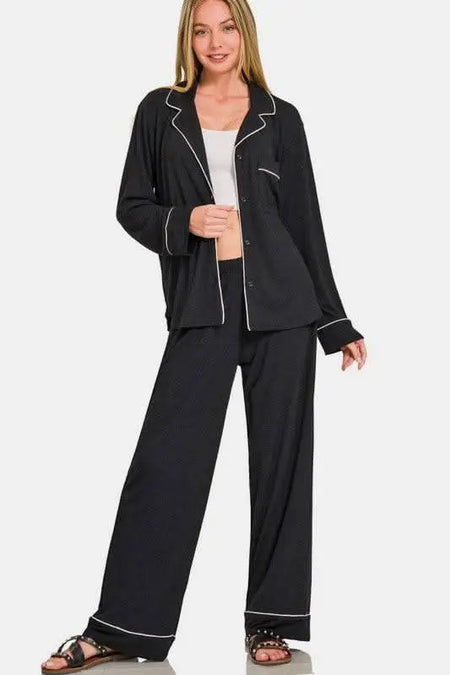 Zenana Button Down Long Sleeve Top and Pants Lounge Set - Sleekdenim.com