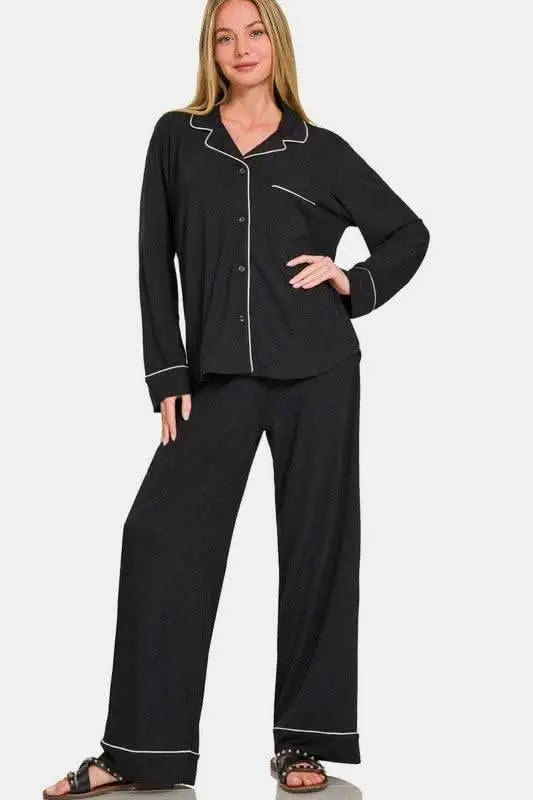 Zenana Button Down Long Sleeve Top and Pants Lounge Set - Sleekdenim.com