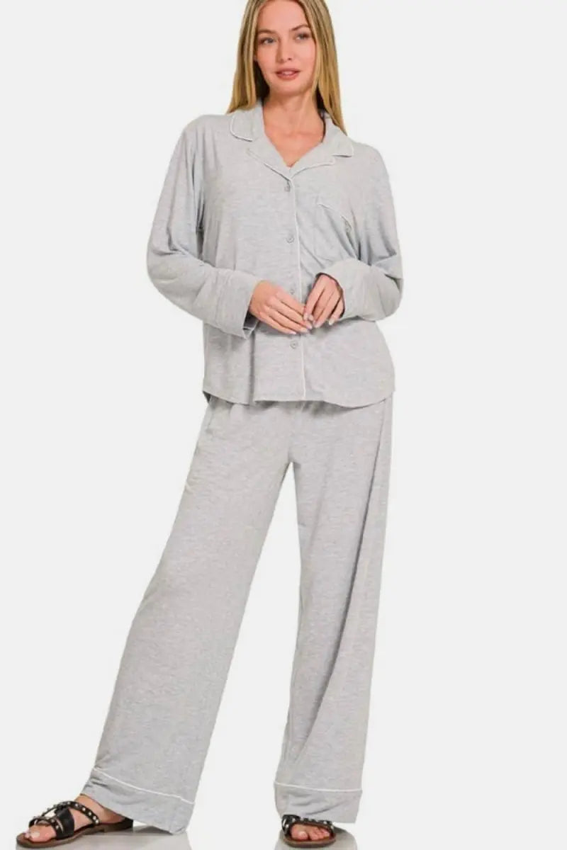 Zenana Button Down Long Sleeve Top and Pants Lounge Set - Sleekdenim.com