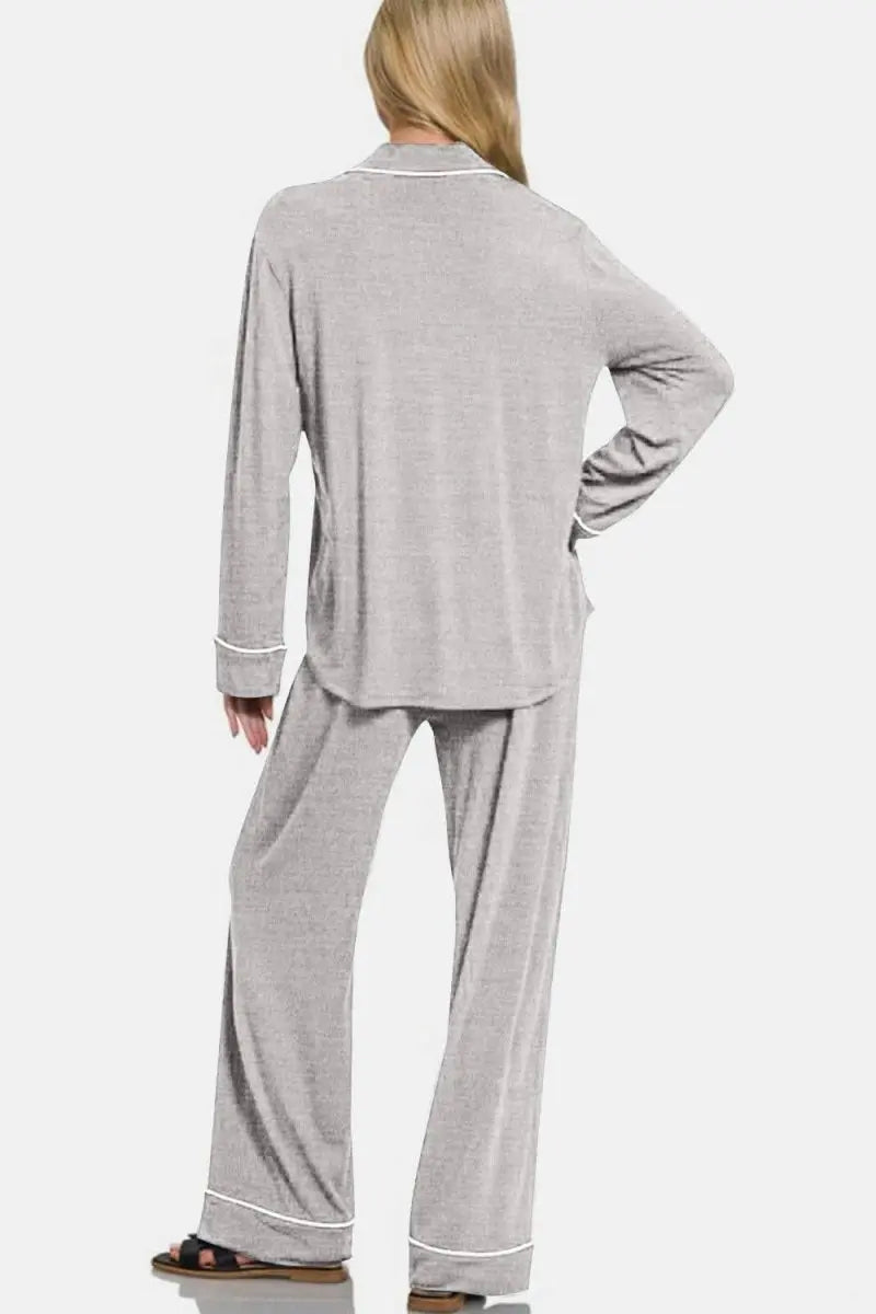 Zenana Button Down Long Sleeve Top and Pants Lounge Set - Sleekdenim.com