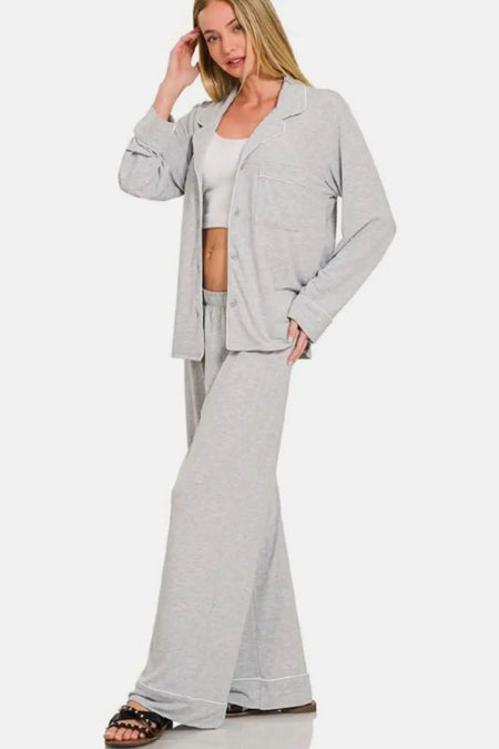 Zenana Button Down Long Sleeve Top and Pants Lounge Set - Sleekdenim.com