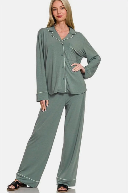 Zenana Button Down Long Sleeve Top and Pants Lounge Set - Sleekdenim.com