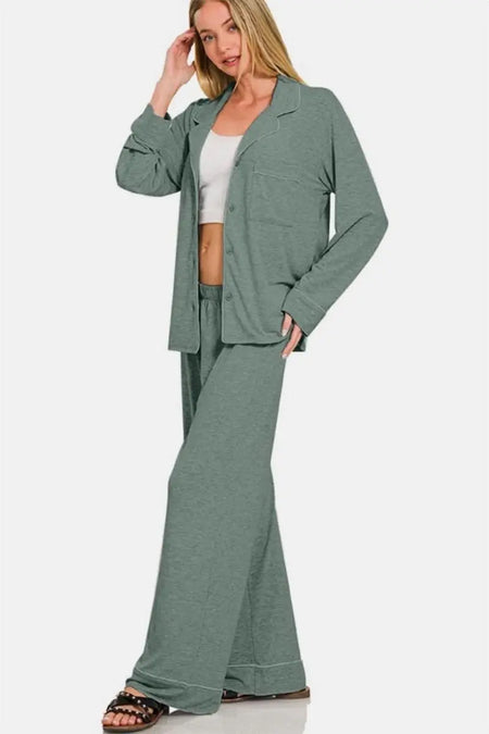 Zenana Button Down Long Sleeve Top and Pants Lounge Set - Sleekdenim.com