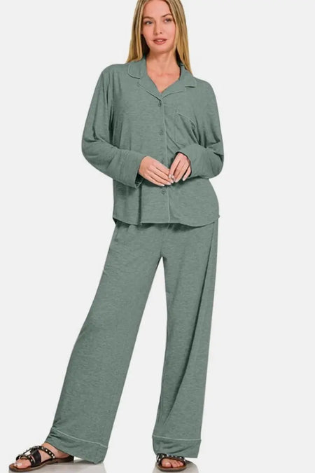 Zenana Button Down Long Sleeve Top and Pants Lounge Set - Sleekdenim.com