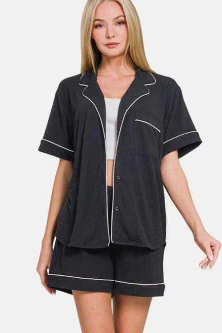 Zenana Button Down Short Sleeve Top and Shorts Lounge Set - Sleekdenim.com