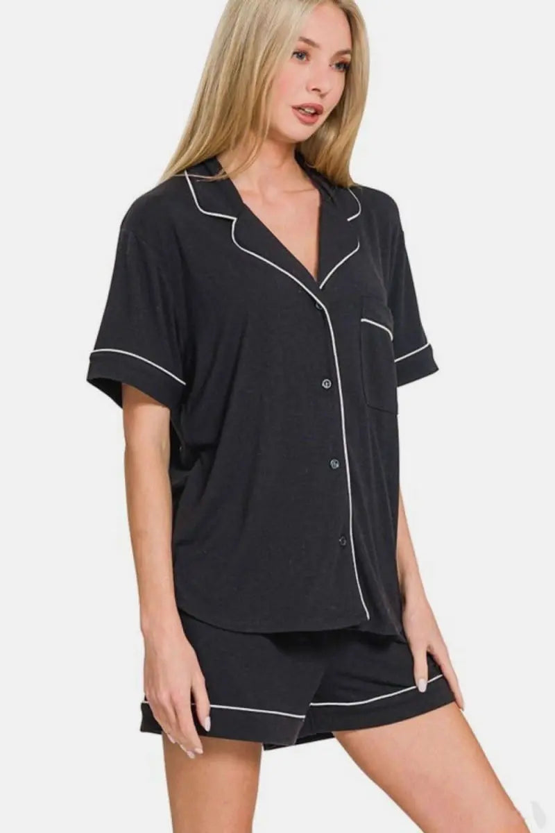 Zenana Button Down Short Sleeve Top and Shorts Lounge Set - Sleekdenim.com