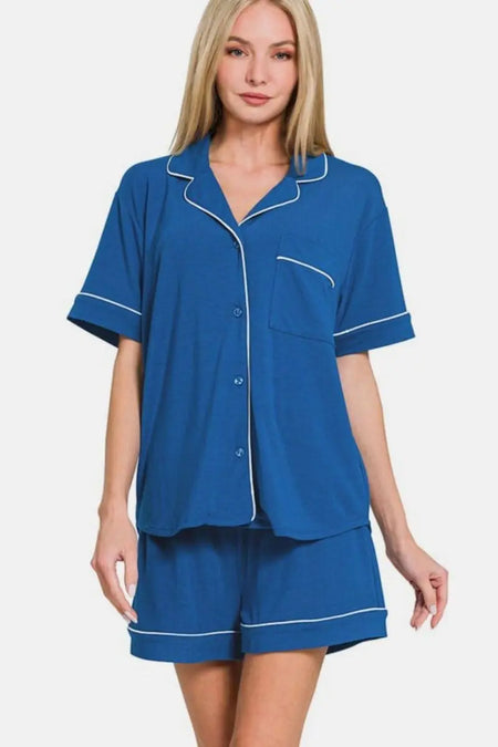 Zenana Button Down Short Sleeve Top and Shorts Lounge Set - Sleekdenim.com