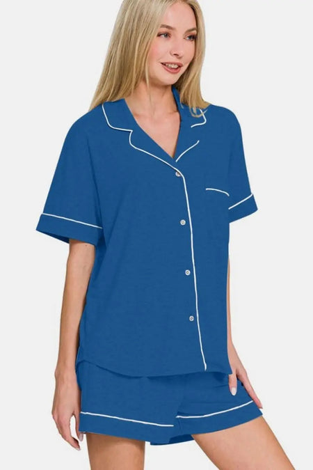 Zenana Button Down Short Sleeve Top and Shorts Lounge Set - Sleekdenim.com