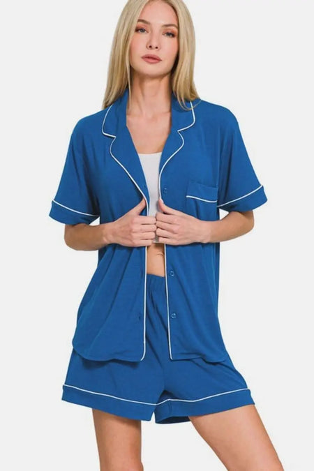 Zenana Button Down Short Sleeve Top and Shorts Lounge Set - Sleekdenim.com