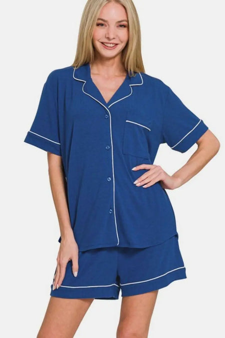 Zenana Button Down Short Sleeve Top and Shorts Lounge Set - Sleekdenim.com