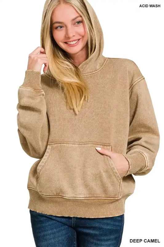 Zenana Fleece Acid Wash Kangaroo Pocket Hoodie