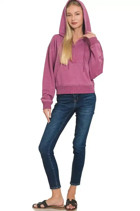 Zenana Fleece Pigment Dye Half Zip Kangaroo Pocket Hoodie