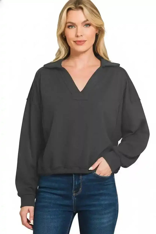 Zenana French Terry Collared Exposed Seam Sweatshirt