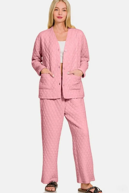 Zenana Quilted Button Up Long Sleeve Top and Pants Lounge Set - Sleekdenim.com