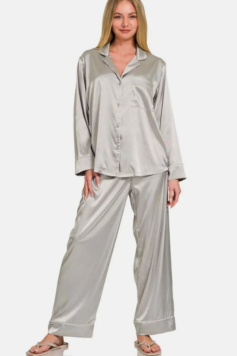 Zenana Satin Long Sleeve Shirt and Pants Pajama Set - Sleekdenim.com