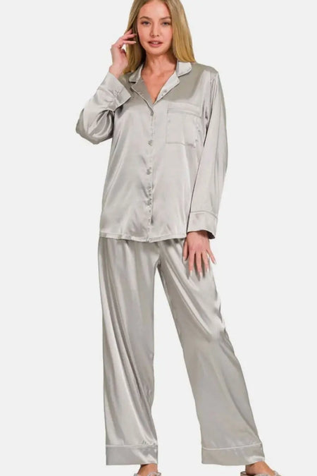 Zenana Satin Long Sleeve Shirt and Pants Pajama Set - Sleekdenim.com