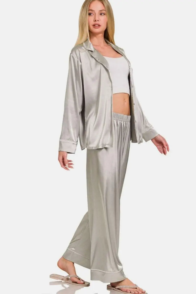 Zenana Satin Long Sleeve Shirt and Pants Pajama Set - Sleekdenim.com