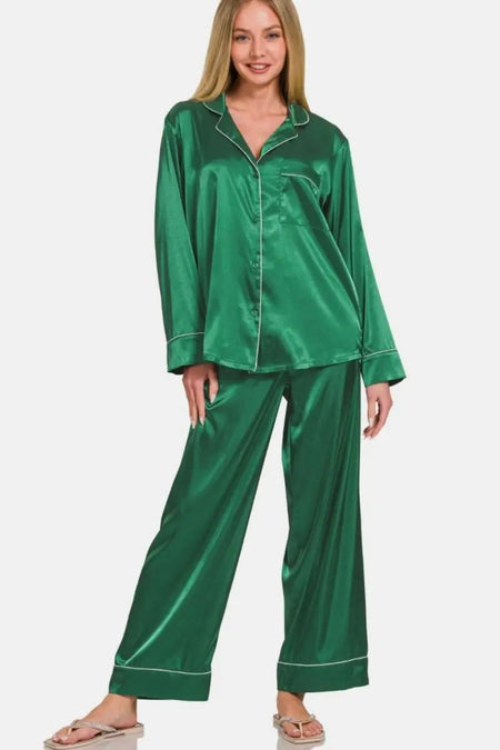 Zenana Satin Long Sleeve Shirt and Pants Pajama Set - Sleekdenim.com