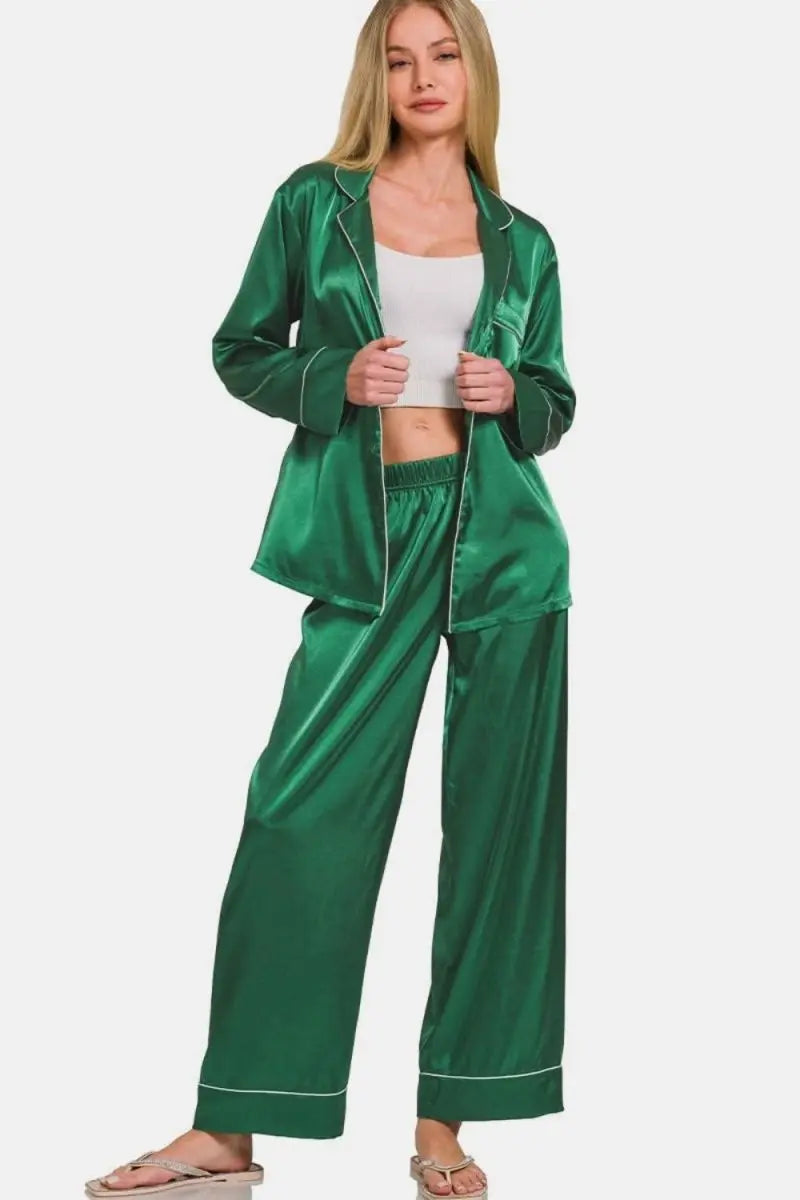 Zenana Satin Long Sleeve Shirt and Pants Pajama Set - Sleekdenim.com