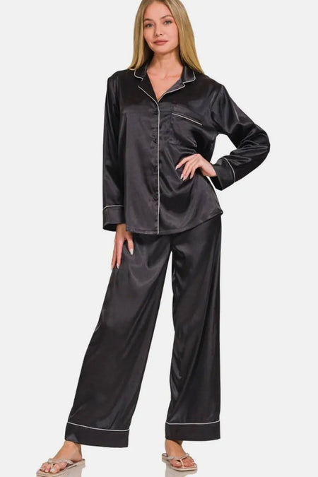 Zenana Satin Long Sleeve Shirt and Pants Pajama Set - Sleekdenim.com