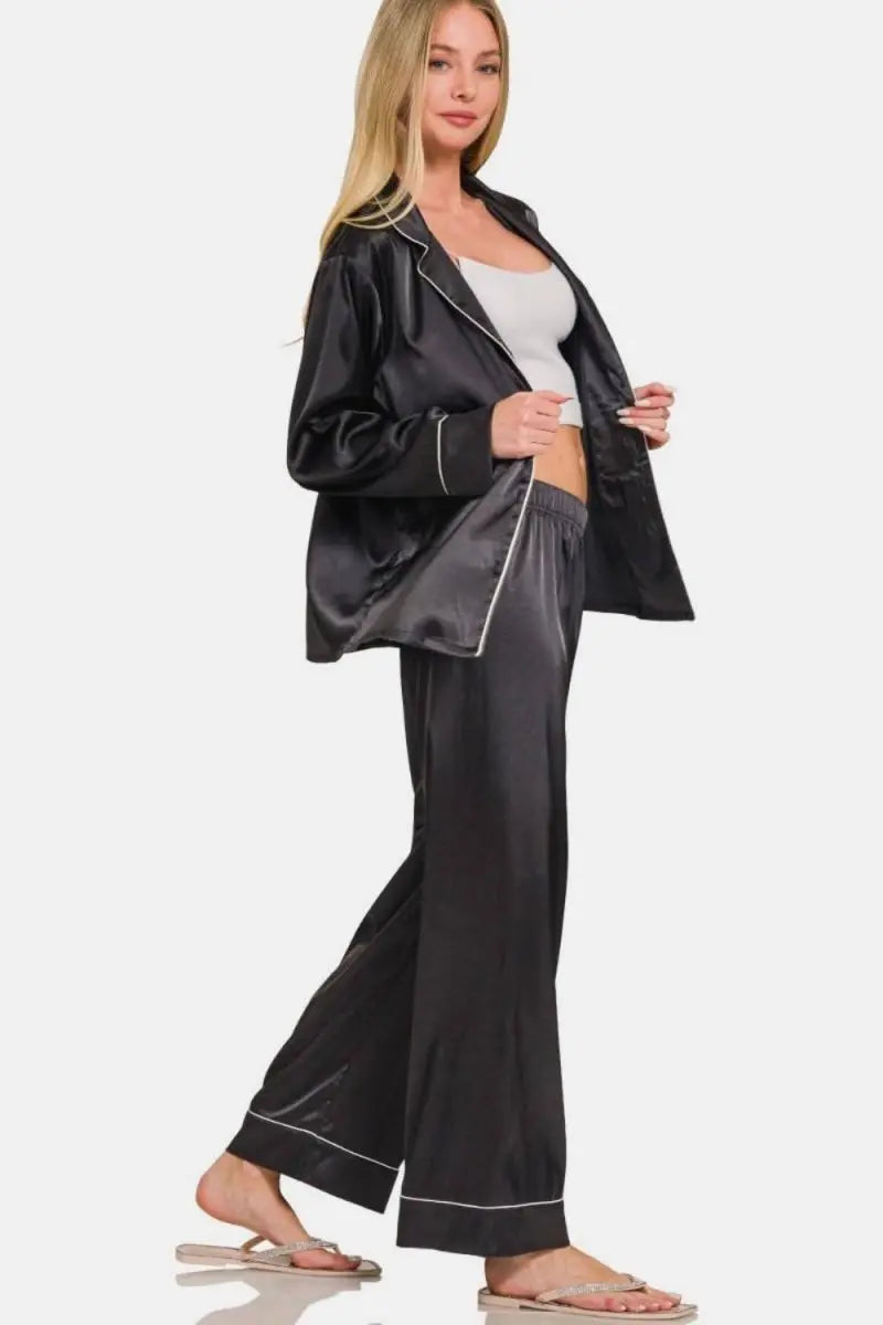 Zenana Satin Long Sleeve Shirt and Pants Pajama Set - Sleekdenim.com