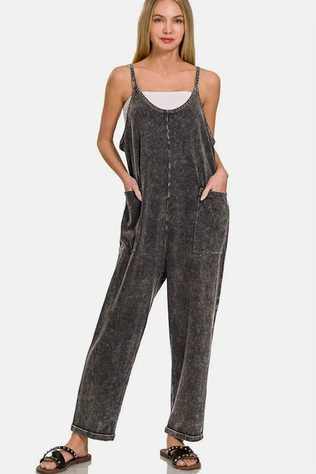 Zenana Washed Spaghetti Straps Overalls with Pockets - Sleekdenim.com