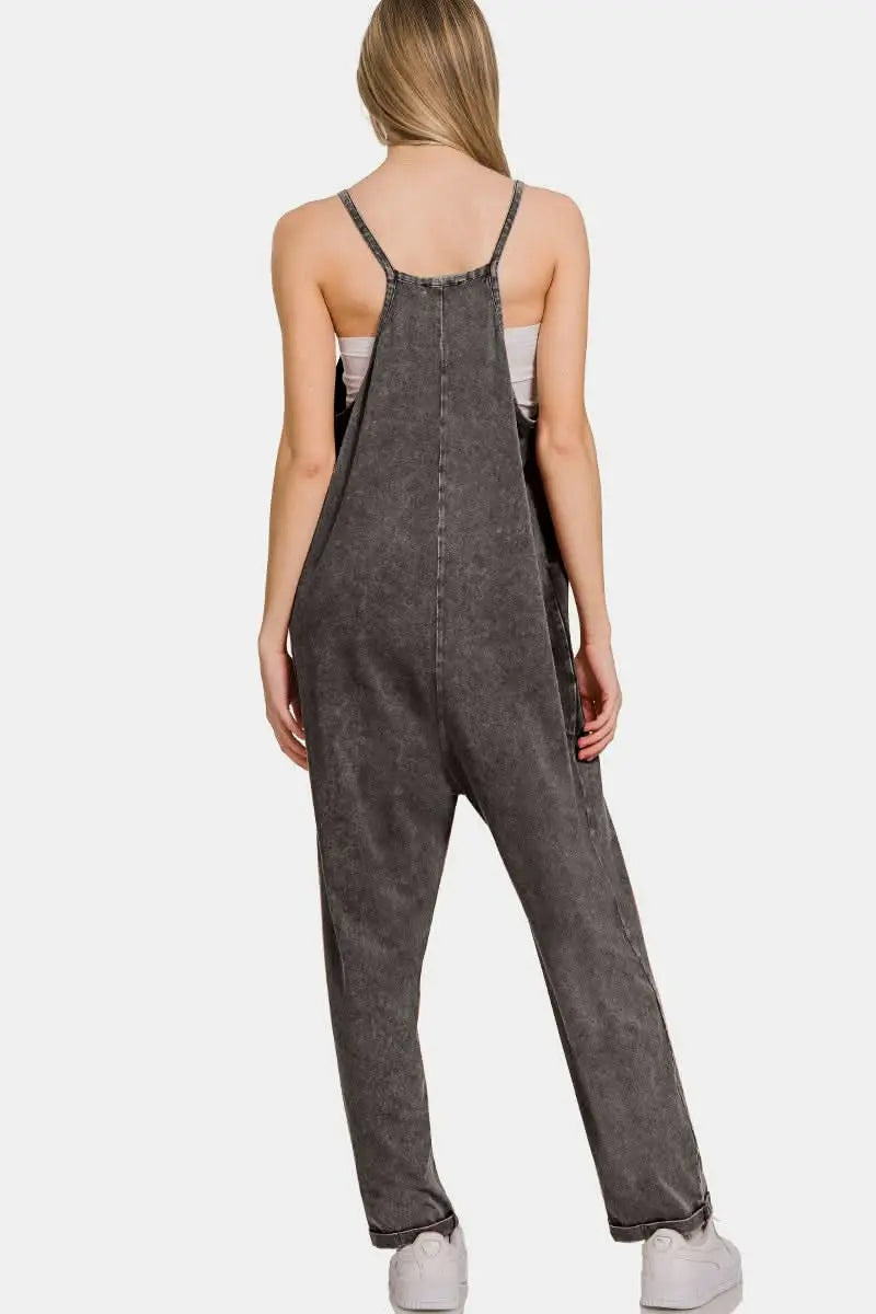 Zenana Washed Spaghetti Straps Overalls with Pockets - Sleekdenim.com