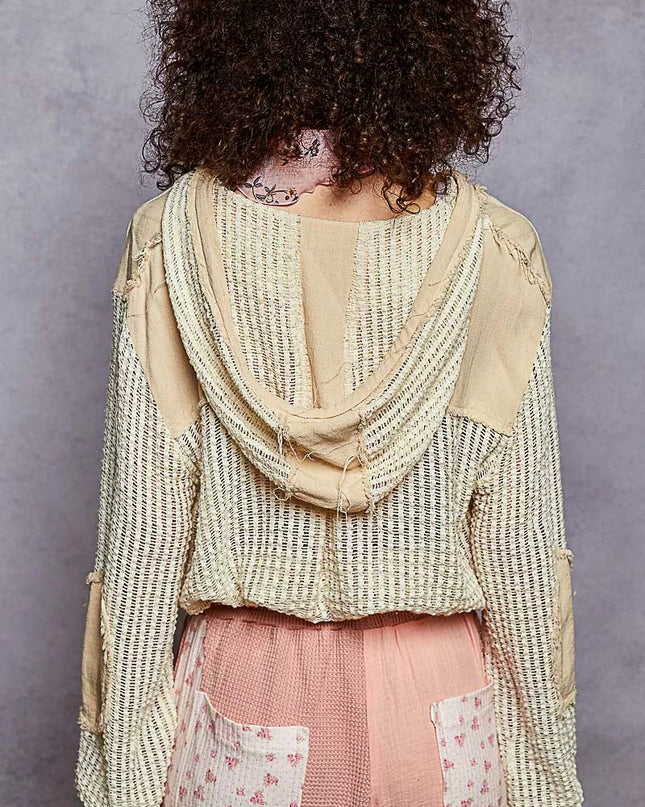 POL Texture Woven Button Down Hooded Shirt with Drawstring Hem - Sleekdenim.com