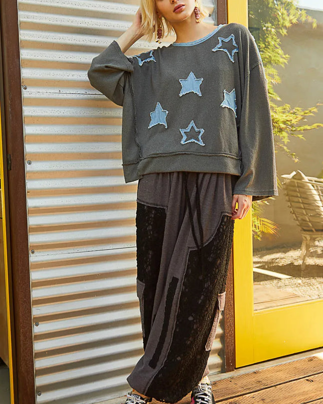 POL Exposed Seam Relaxed Fit Sweater with Star Denim Patch - Sleekdenim.com