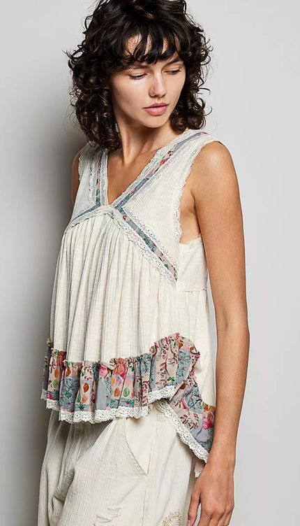 POL Lace Detail Ruffled Ribbed Sleeveless Top with Floral Pattern Trim Detail - Sleekdenim.com