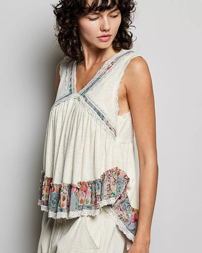 POL Lace Detail Ruffled Ribbed Sleeveless Top with Floral Pattern Trim Detail - Sleekdenim.com
