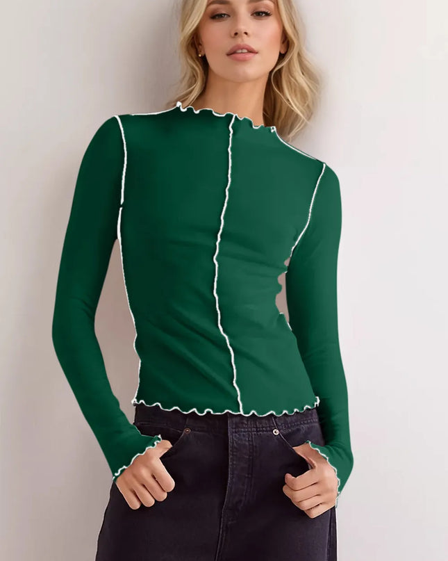Basic Bae Contrast Trim Mock Neck Long Sleeve T-Shirt - Sleekdenim.com