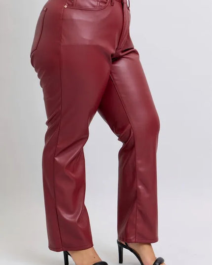 Judy Blue Full Size High Waist Tummy Control Faux Leather Straight Pants Plus Size - Sleekdenim.com